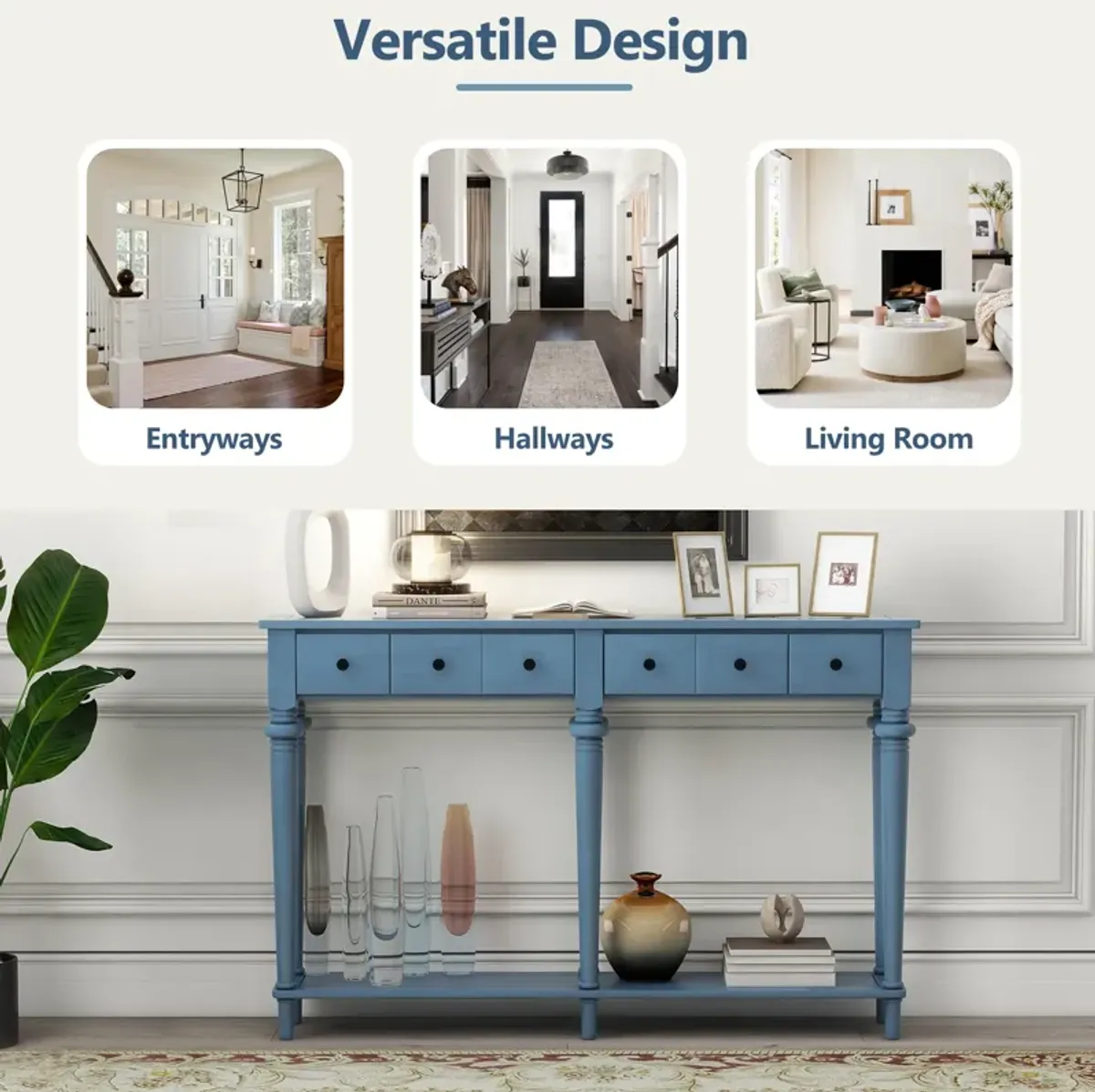 Gewnee Retro Console Table with 4 Drawers and Open Shelf (Navy Blue)