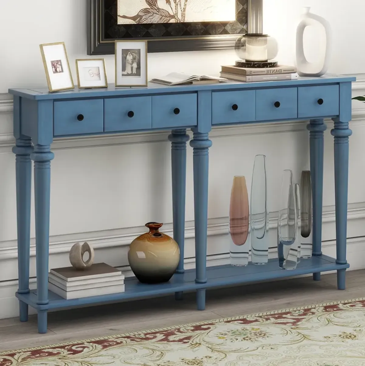 Gewnee Retro Console Table with 4 Drawers and Open Shelf (Navy Blue)