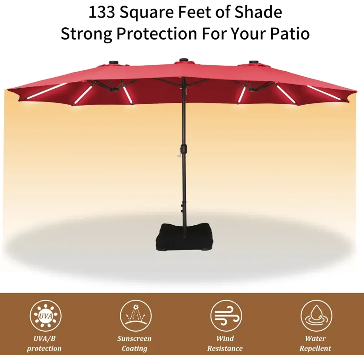 CASAINC 15ft Rectangular Double-Sided Solar LED Strip Lights Outdoor Patio Market Umbrella with Base Included