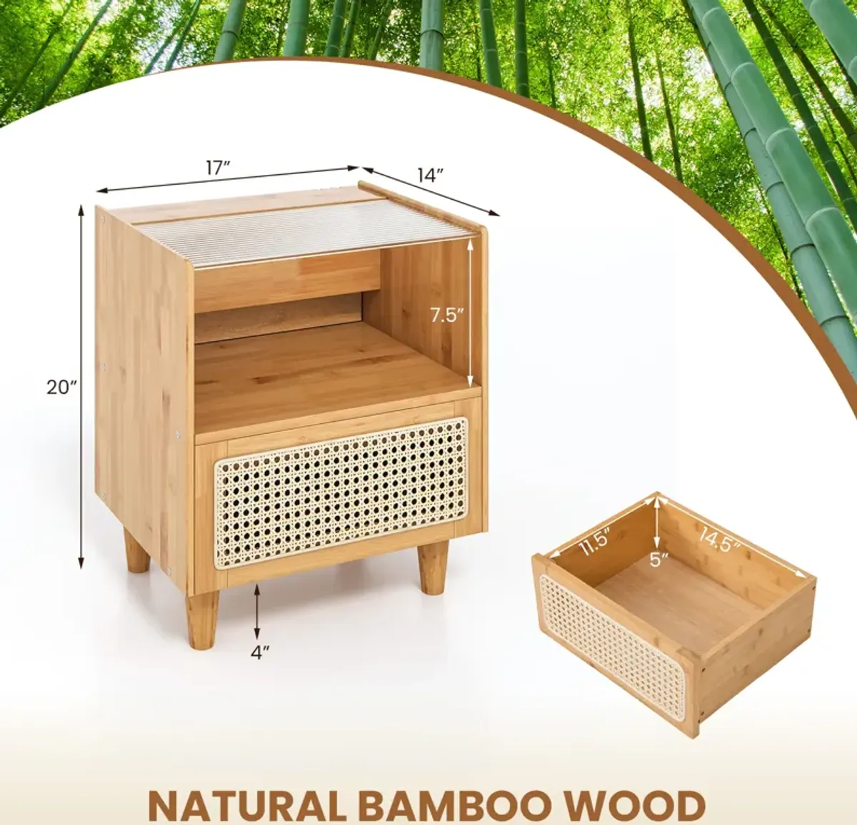 Set of 2 Bamboo Rattan Nightstand with Drawer and Solid Wood Legs