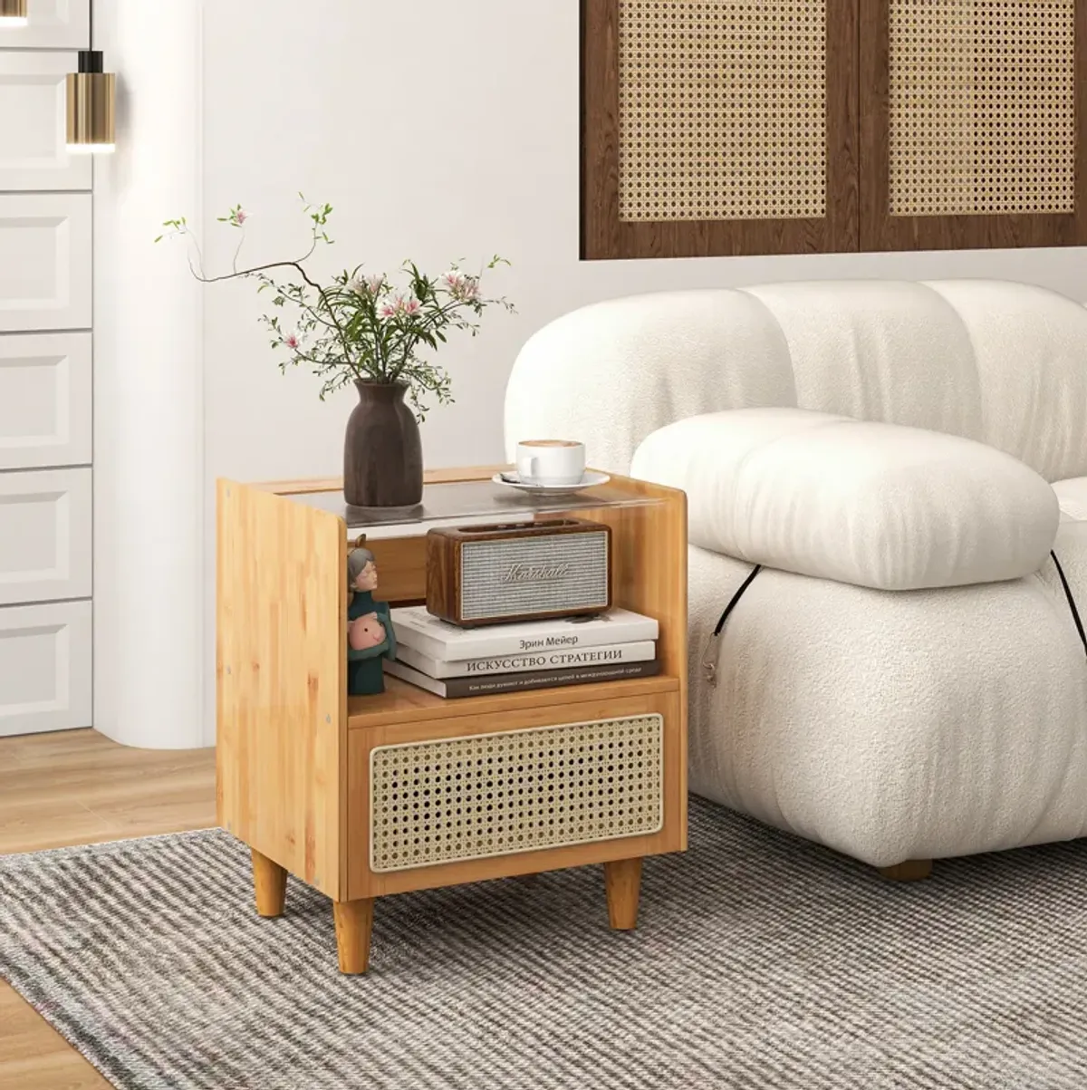 Set of 2 Bamboo Rattan Nightstand with Drawer and Solid Wood Legs