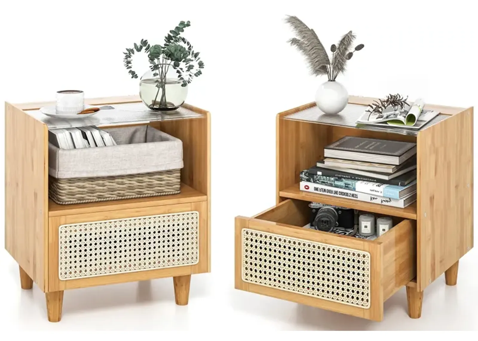 Set of 2 Bamboo Rattan Nightstand with Drawer and Solid Wood Legs