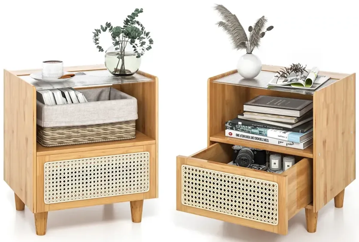 Set of 2 Bamboo Rattan Nightstand with Drawer and Solid Wood Legs