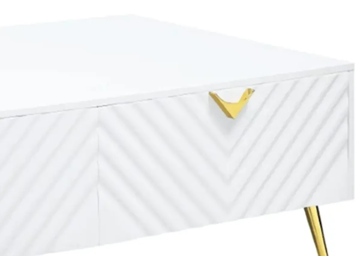 Tyra 53 Inch Modern Coffee Table, 2 Drawers, Metal Handles, White, Gold - Benzara