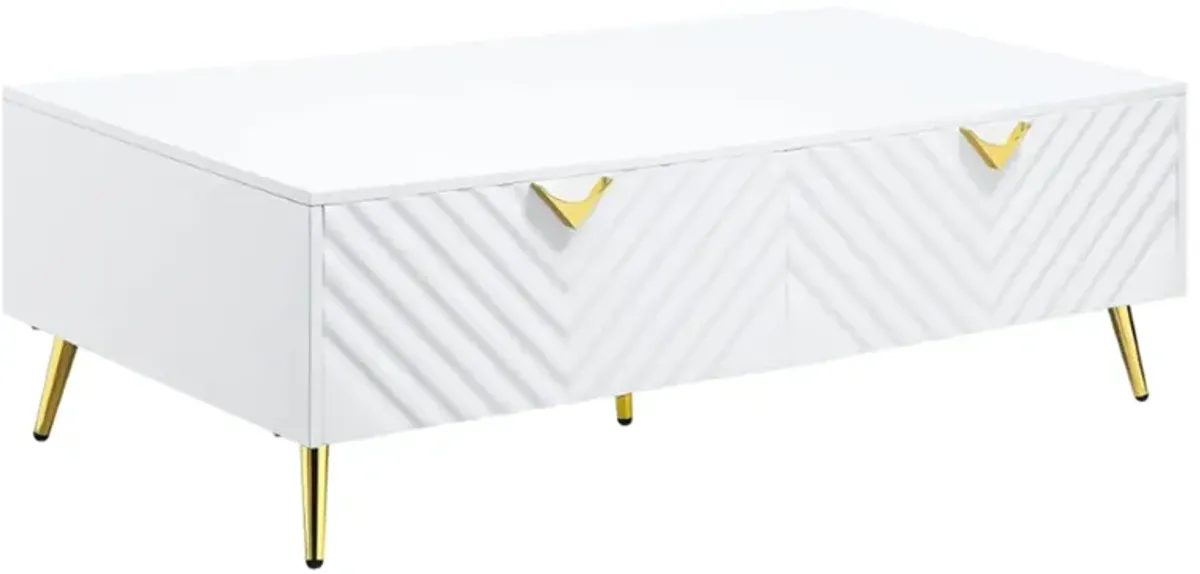 Tyra 53 Inch Modern Coffee Table, 2 Drawers, Metal Handles, White, Gold - Benzara
