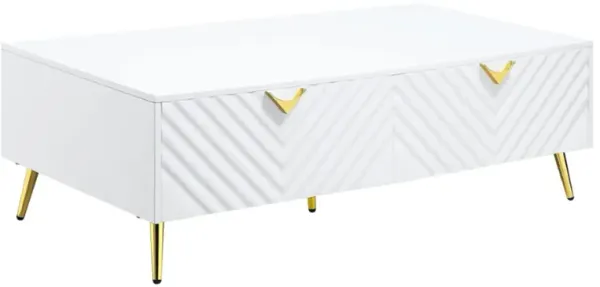 Tyra 53 Inch Modern Coffee Table, 2 Drawers, Metal Handles, White, Gold - Benzara