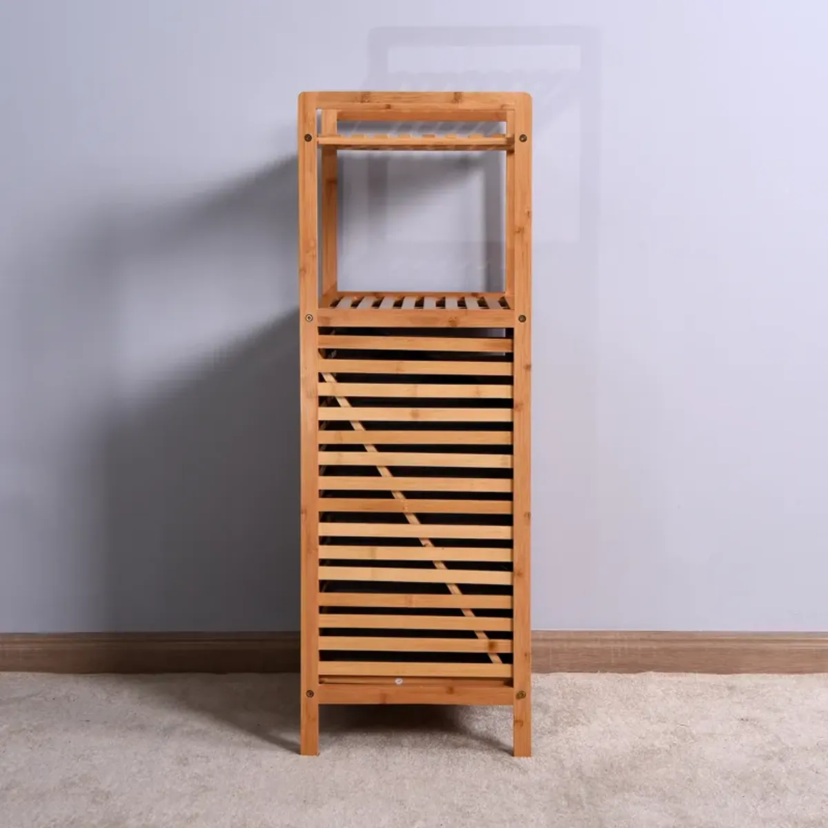 Bathroom Laundry Basket Bamboo Storage Basket With 2-Tier Shelf 17.32 X 13 X 37.8 Inch