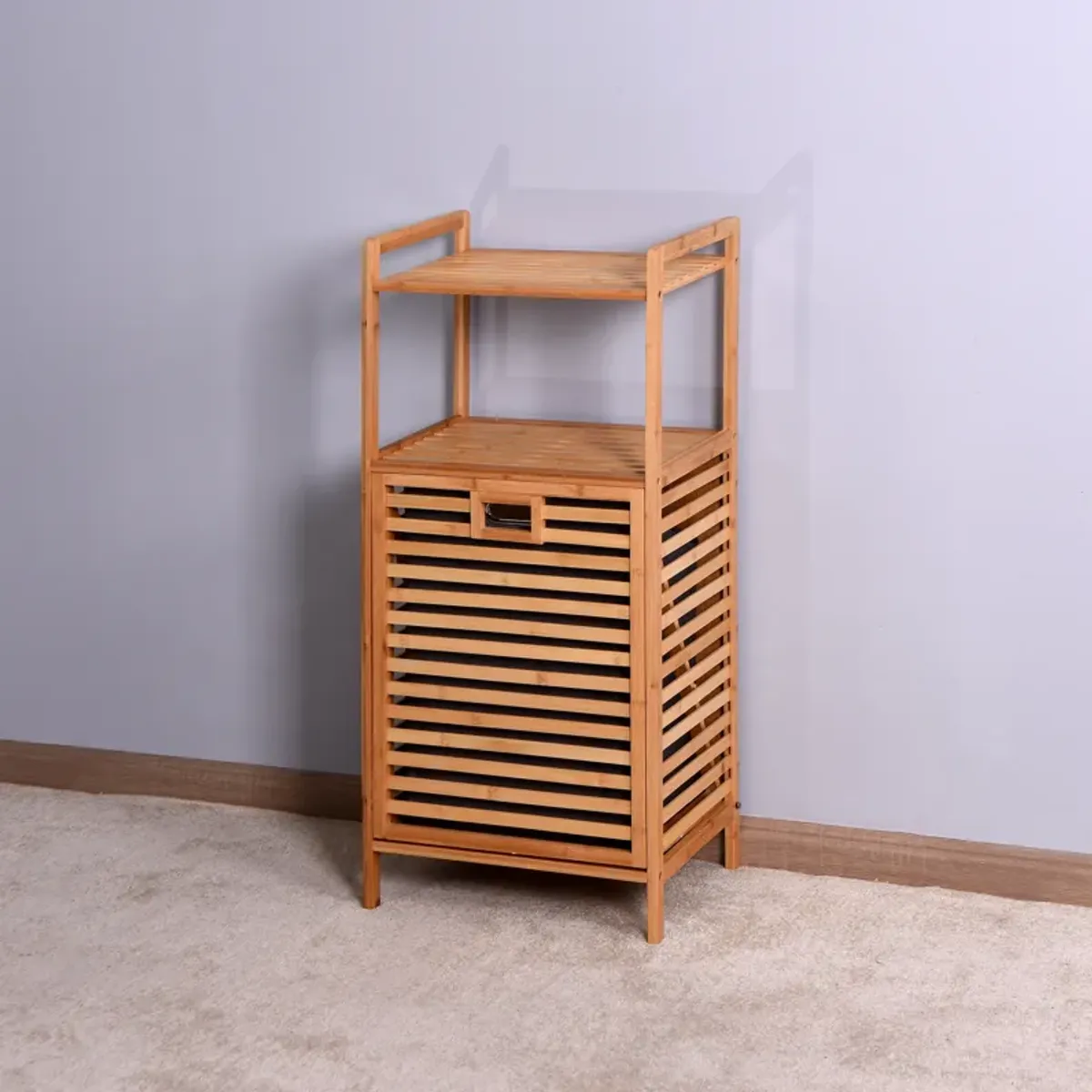 Bathroom Laundry Basket Bamboo Storage Basket With 2-Tier Shelf 17.32 X 13 X 37.8 Inch