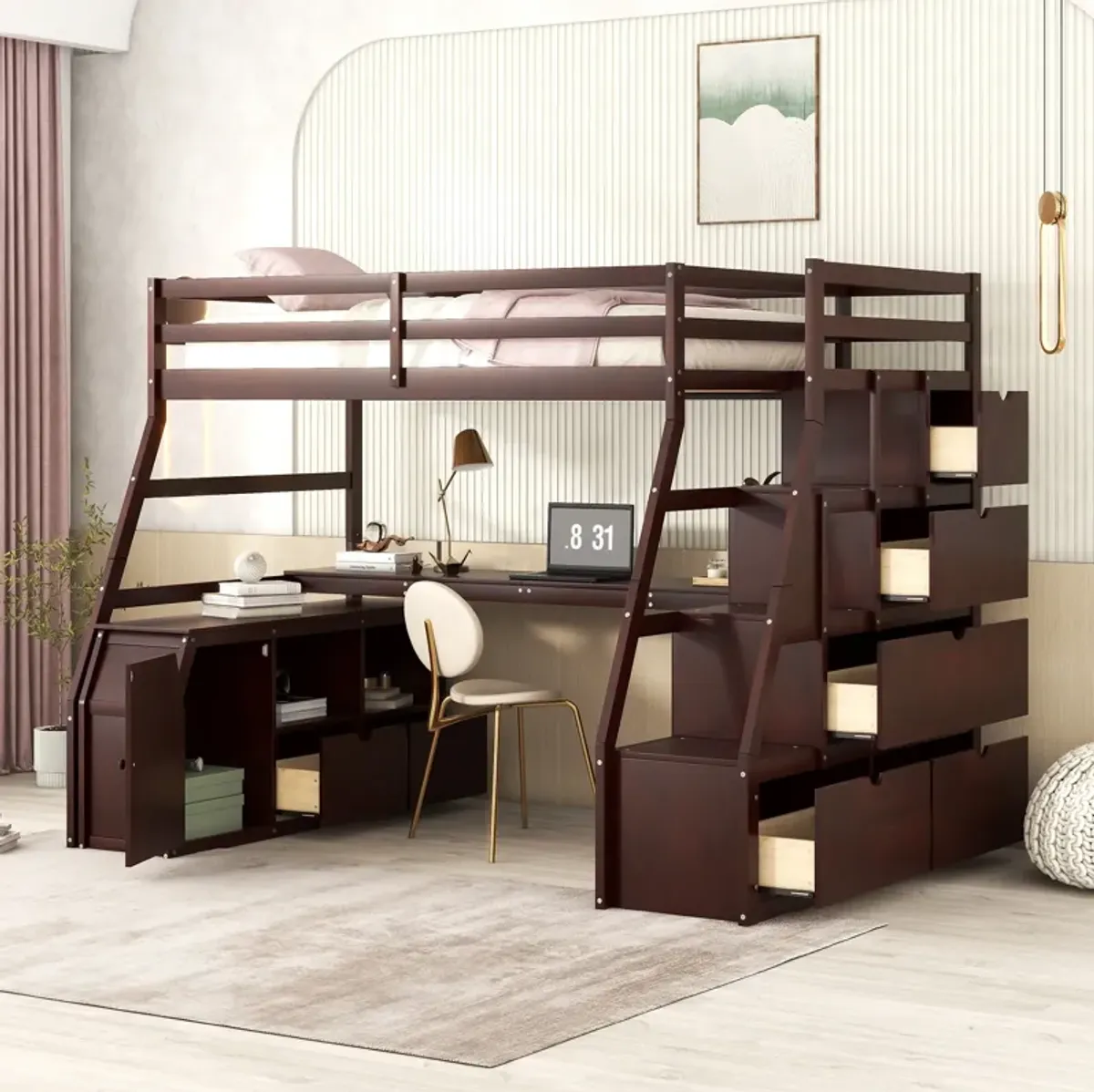 Twin Size Loft Bed With With 7 Drawers 2 Shelves And Desk