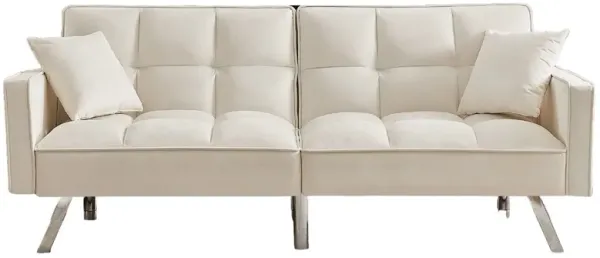 Cream White Velvet Sofa Couch Bed with Armrests and 2 Pillows
