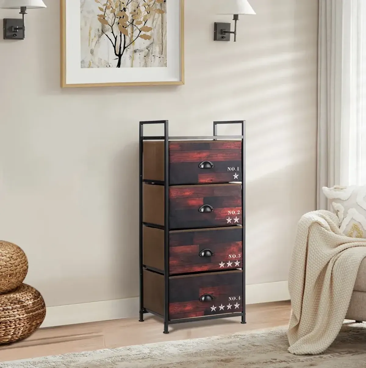 Industrial 4 Fabric Drawers Storage Dresser with Fabric Drawers and Steel Frame