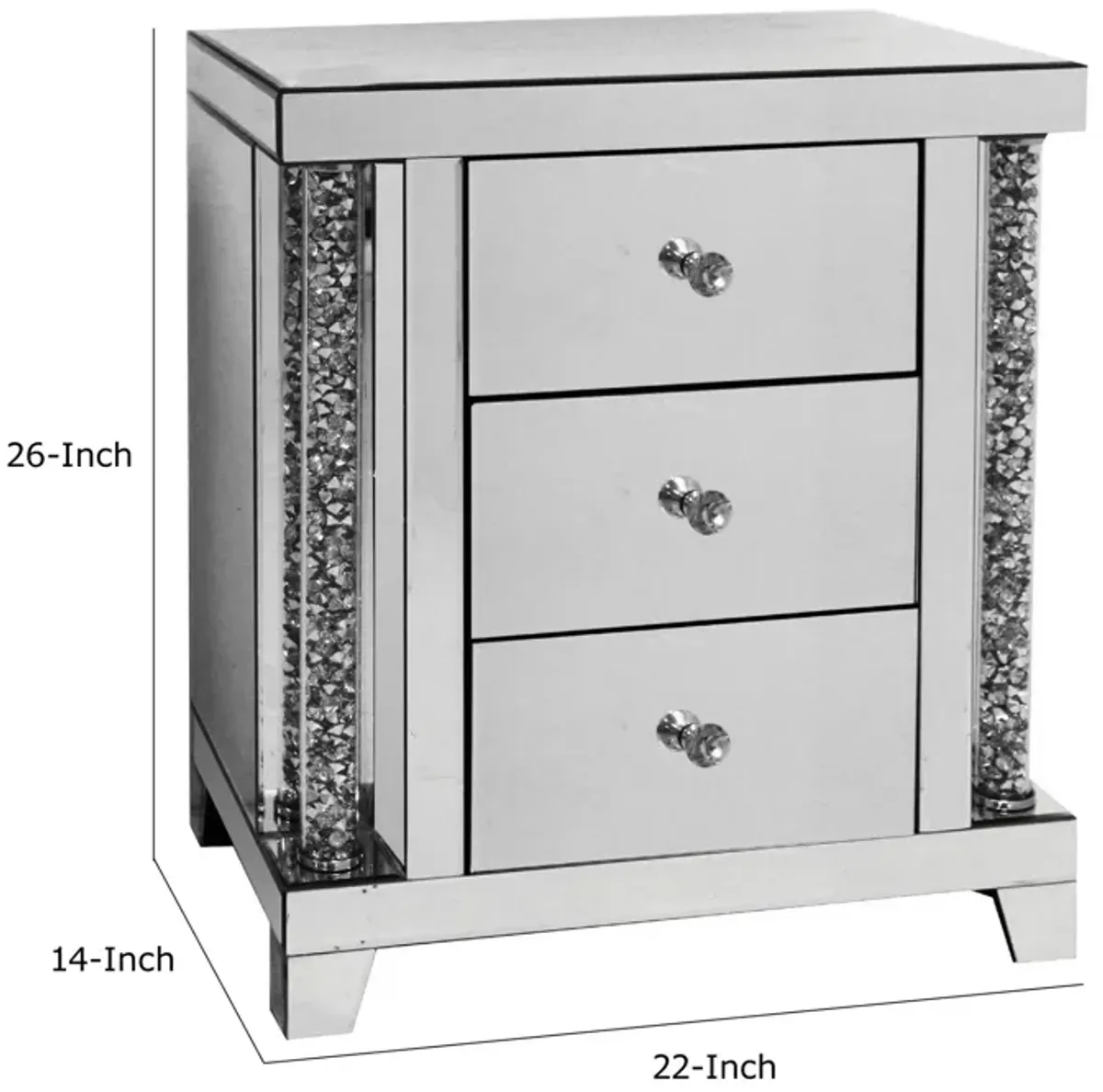 Noe 26 Inch 3 Drawer Accent Table Nightstand, Mirrored, Faux Diamond Inlay, Silver-Benzara