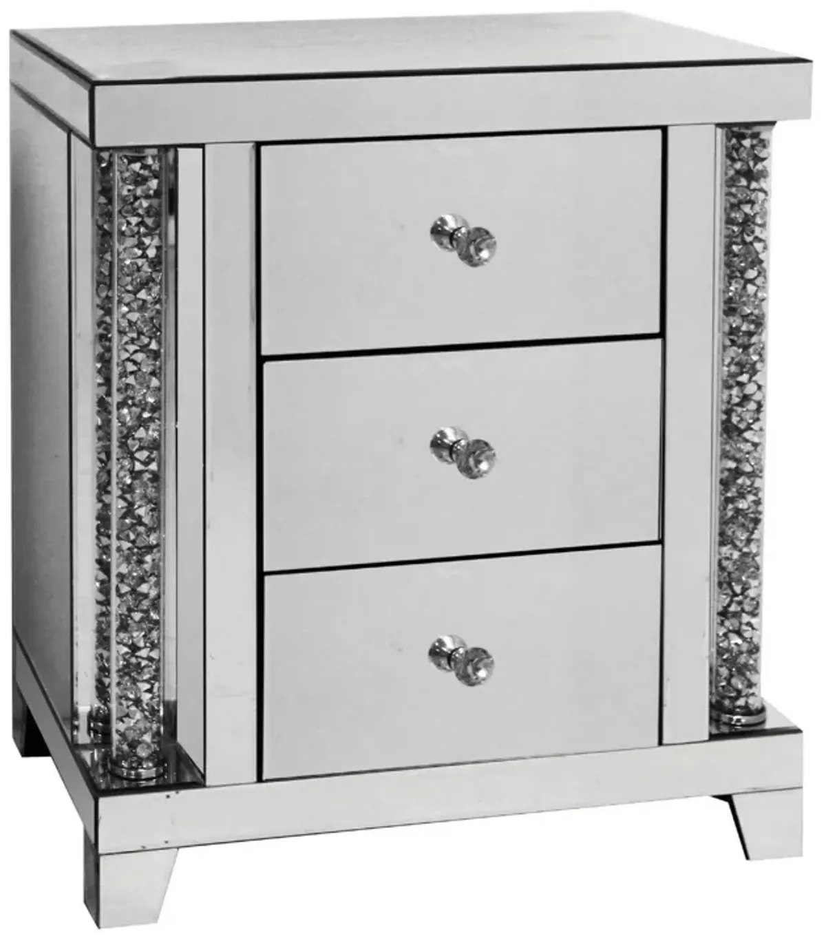 Noe 26 Inch 3 Drawer Accent Table Nightstand, Mirrored, Faux Diamond Inlay, Silver-Benzara