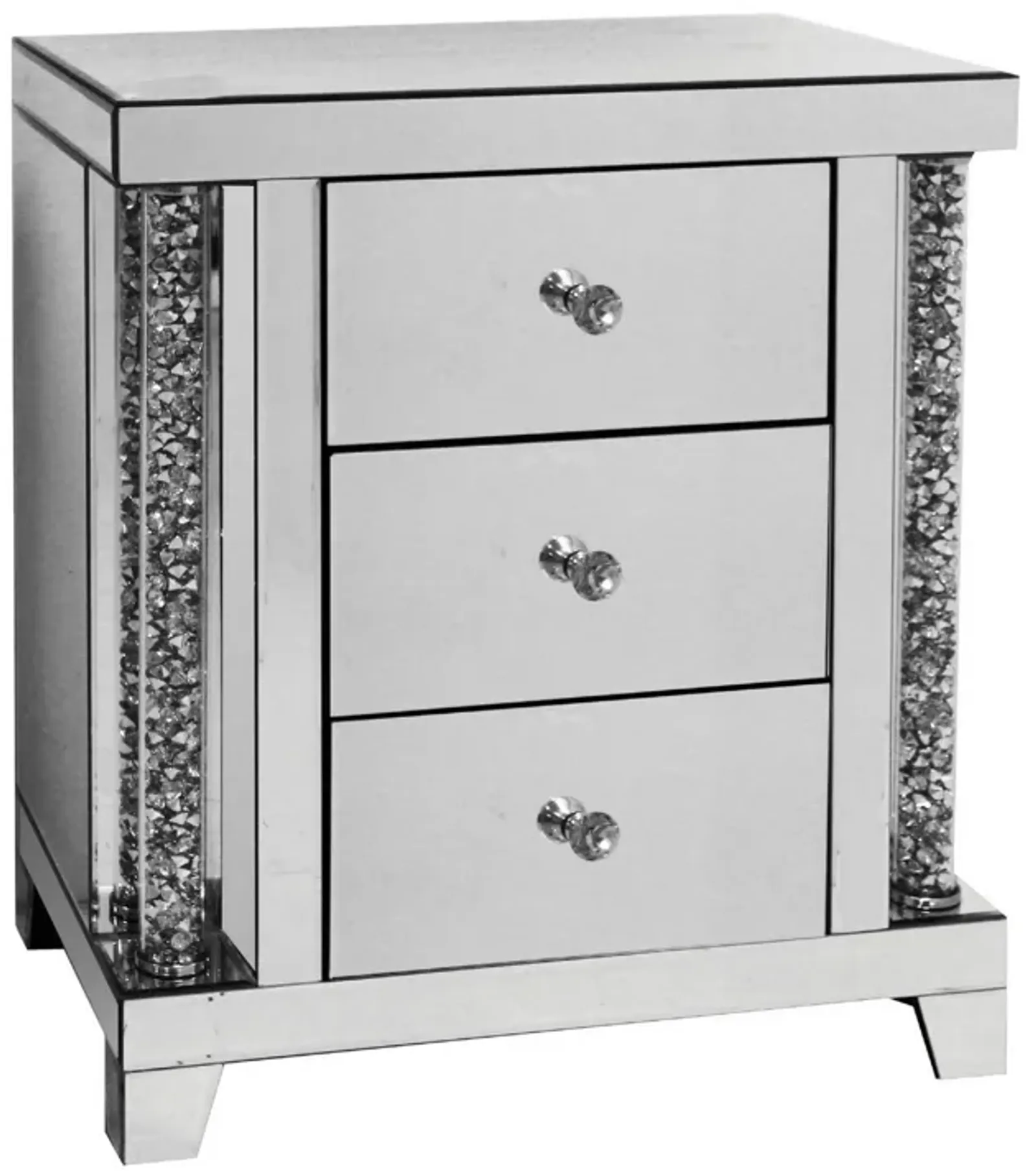 Noe 26 Inch 3 Drawer Accent Table Nightstand, Mirrored, Faux Diamond Inlay, Silver-Benzara