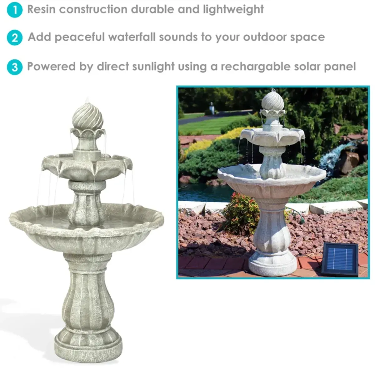 Sunnydaze Resin Outdoor 2-Tier Solar Water Fountain with Battery