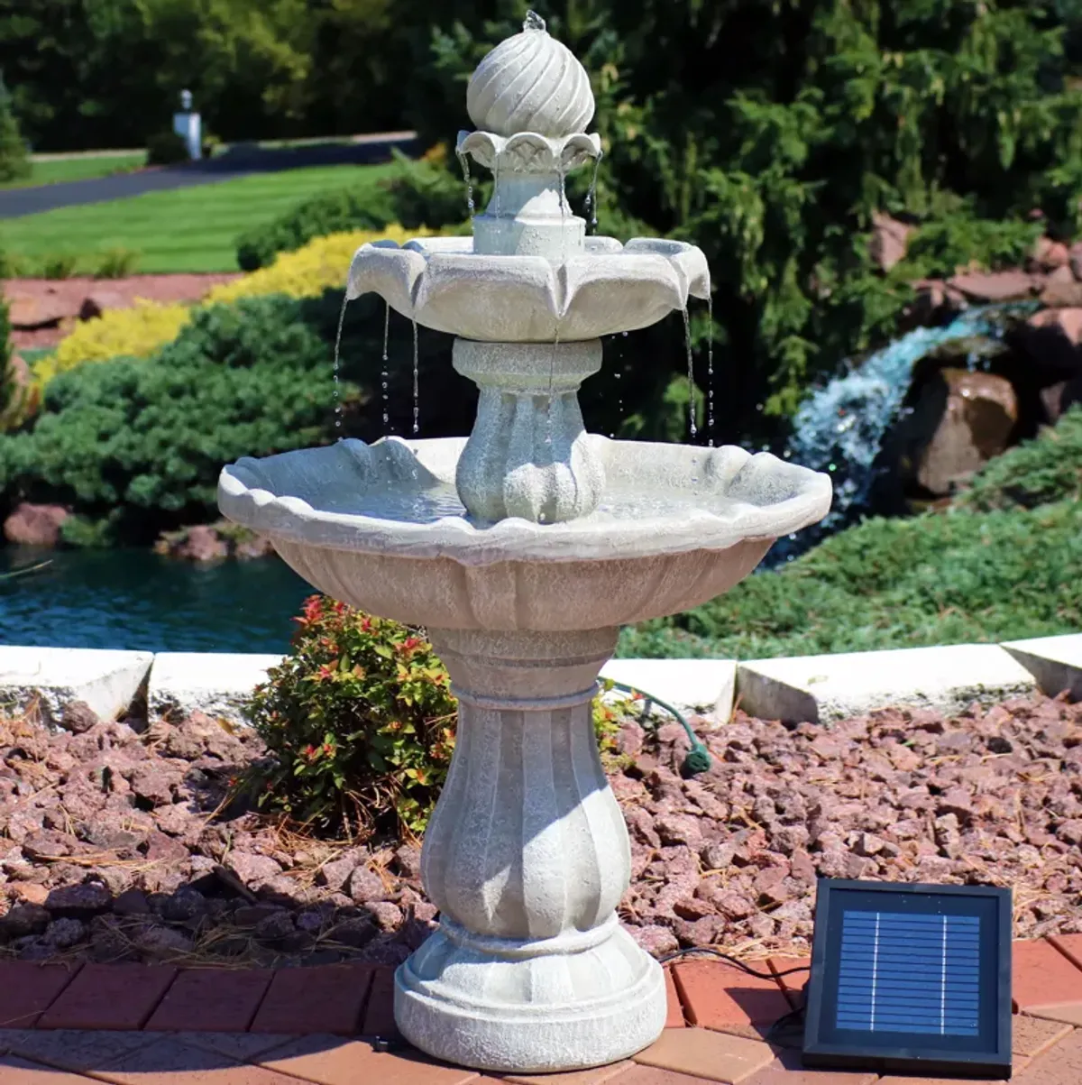 Sunnydaze Resin Outdoor 2-Tier Solar Water Fountain with Battery