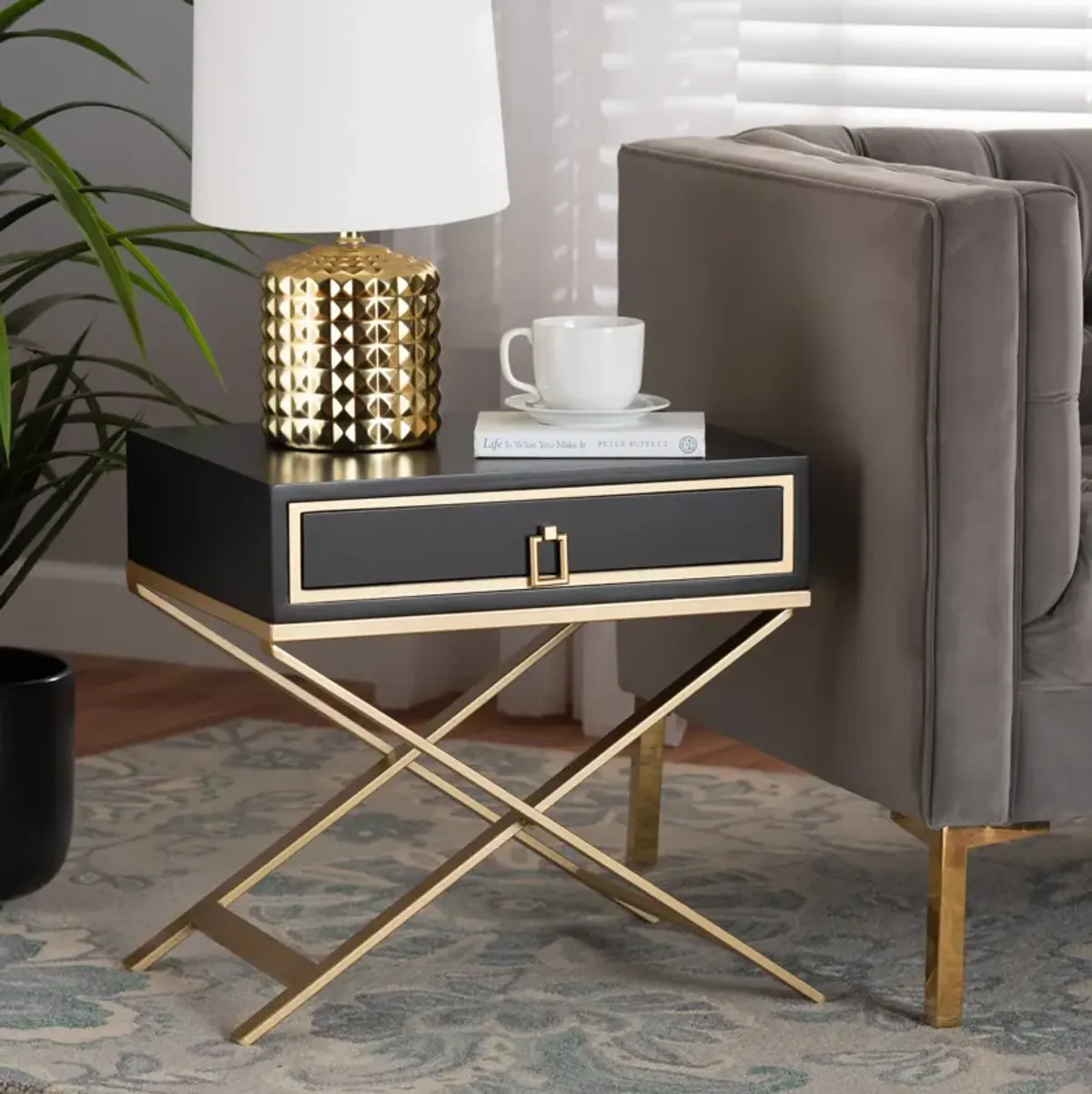 Baxton Studio Lilibet Modern Glam and Luxe Black Finished and Gold Metal 1-Drawer End Table