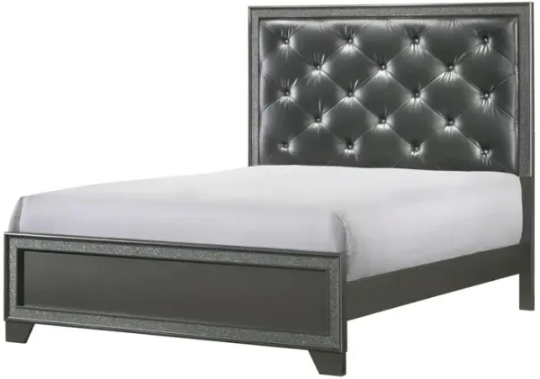 Benjara Kay King Bed, Faux Diamond Tufted, Gray Upholstery, Silver Trim, Wood