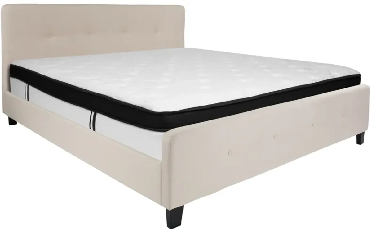 Tribeca King Size Tufted Upholstered Platform Bed in Beige Fabric with Memory Foam Mattress