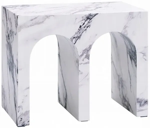 Ritzy Side End Table, White Faux Stone, Modern Arch Design 22 Inch
