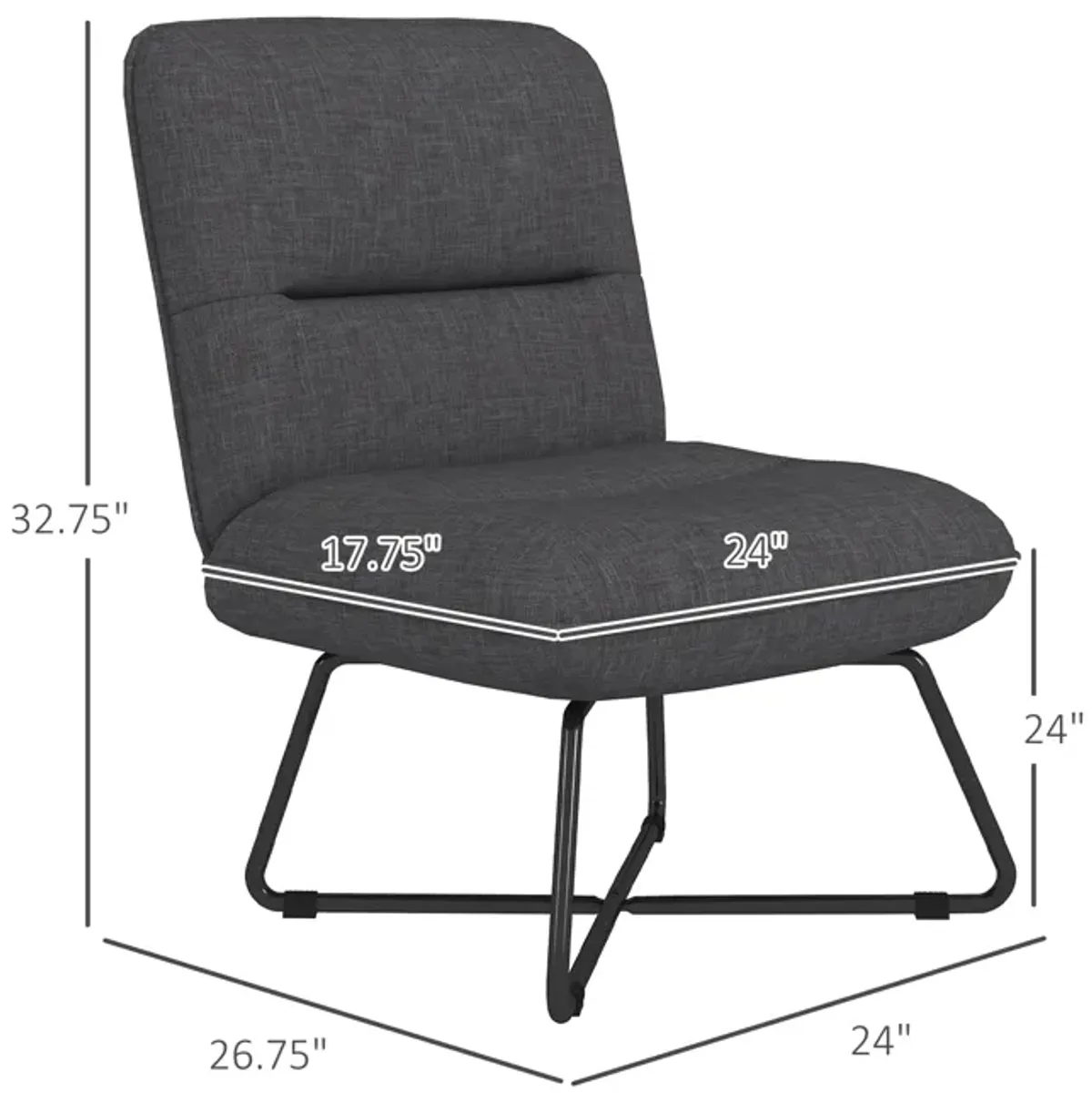 Dark Gray Armless Accent Chair: Slipper Design, Steel Legs, Upholstered