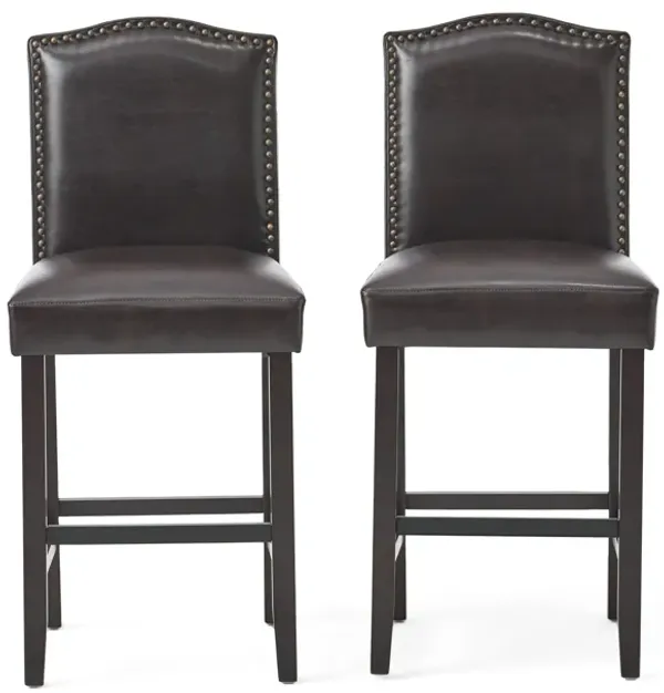 Counter Height Chair Set of 2, Nailhead Trim, Brown and Walnut Faux Leather - Benzara