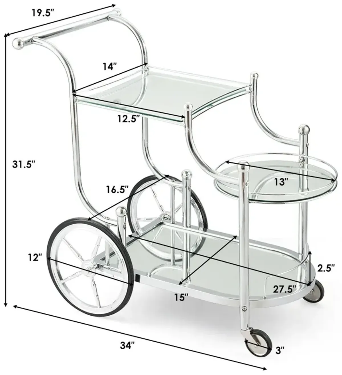 Kitchen Rolling Bar Cart with Tempered Glass Suitable for Restaurant and Hotel