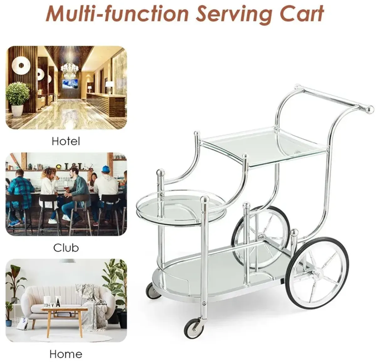 Kitchen Rolling Bar Cart with Tempered Glass Suitable for Restaurant and Hotel