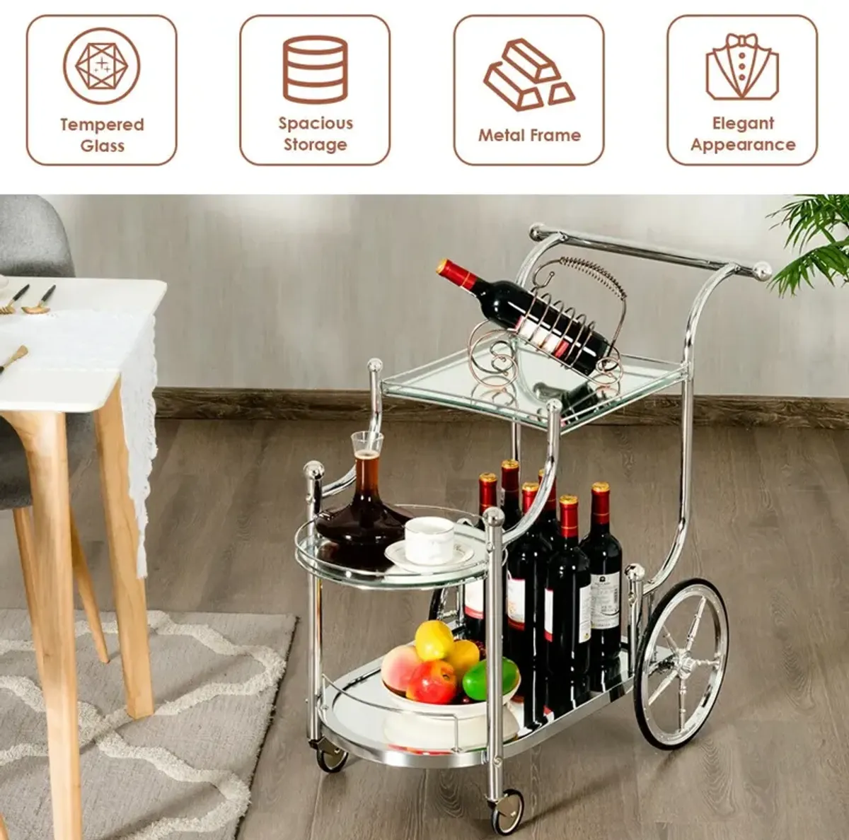 Kitchen Rolling Bar Cart with Tempered Glass Suitable for Restaurant and Hotel