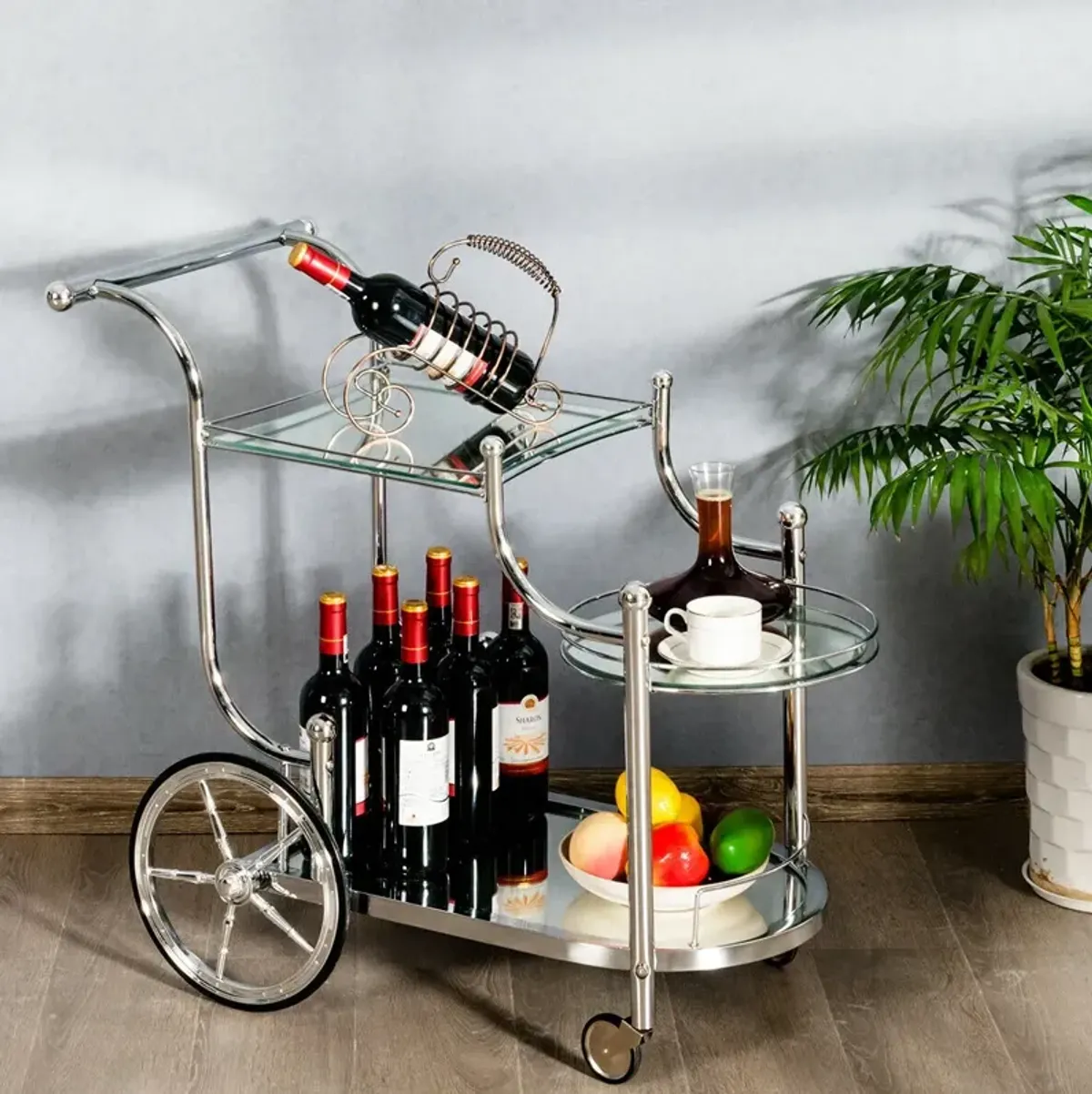 Kitchen Rolling Bar Cart with Tempered Glass Suitable for Restaurant and Hotel