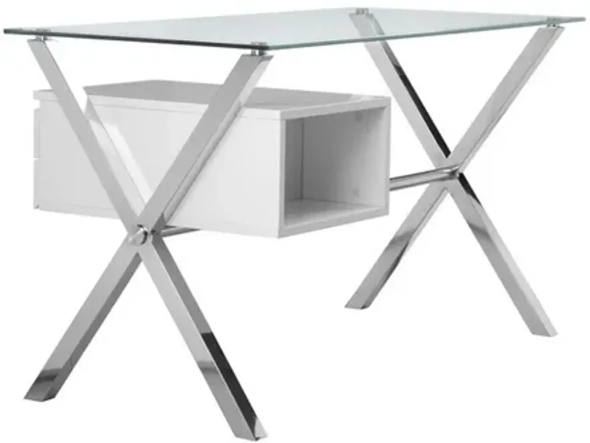 Tia 51 Inch Small Office Desk, Glass Tempered Top, 2 Drawers, White Finish - Benzara