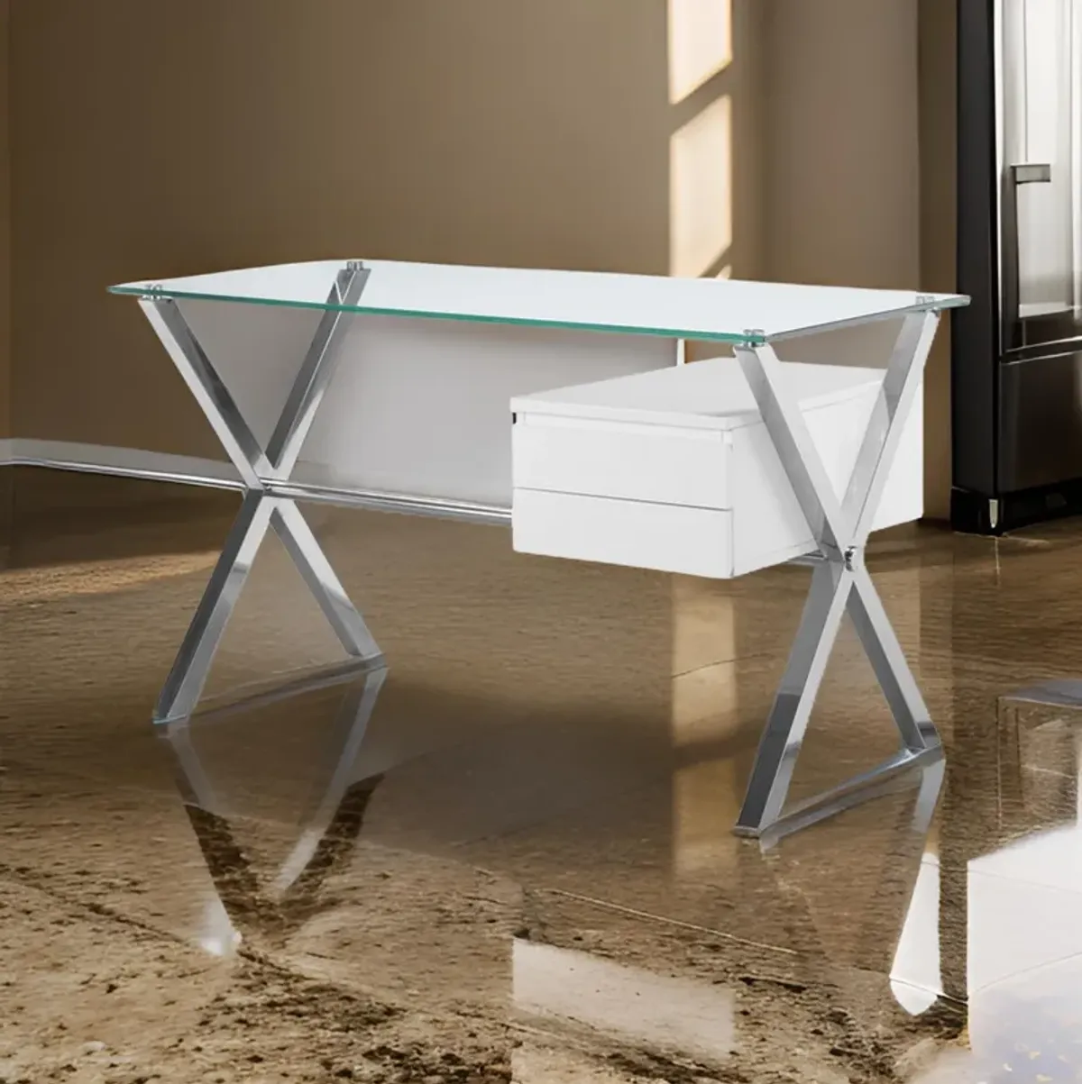 Tia 51 Inch Small Office Desk, Glass Tempered Top, 2 Drawers, White Finish - Benzara