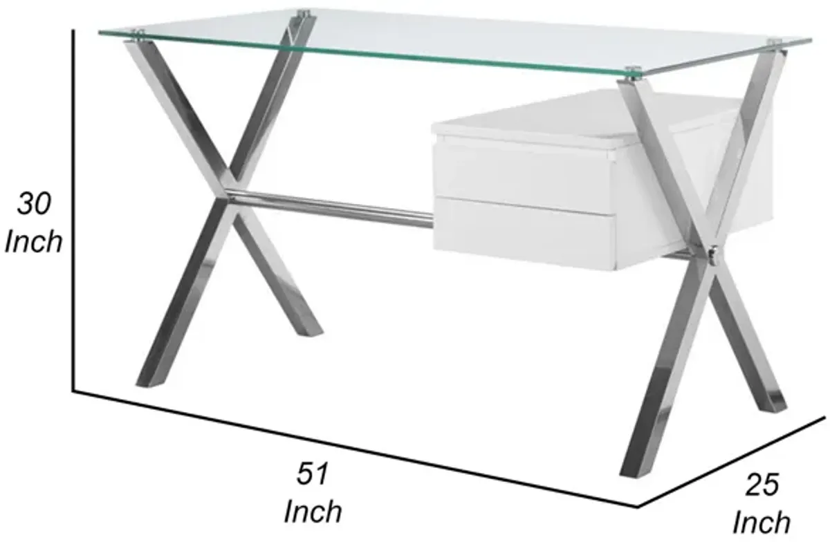 Tia 51 Inch Small Office Desk, Glass Tempered Top, 2 Drawers, White Finish - Benzara