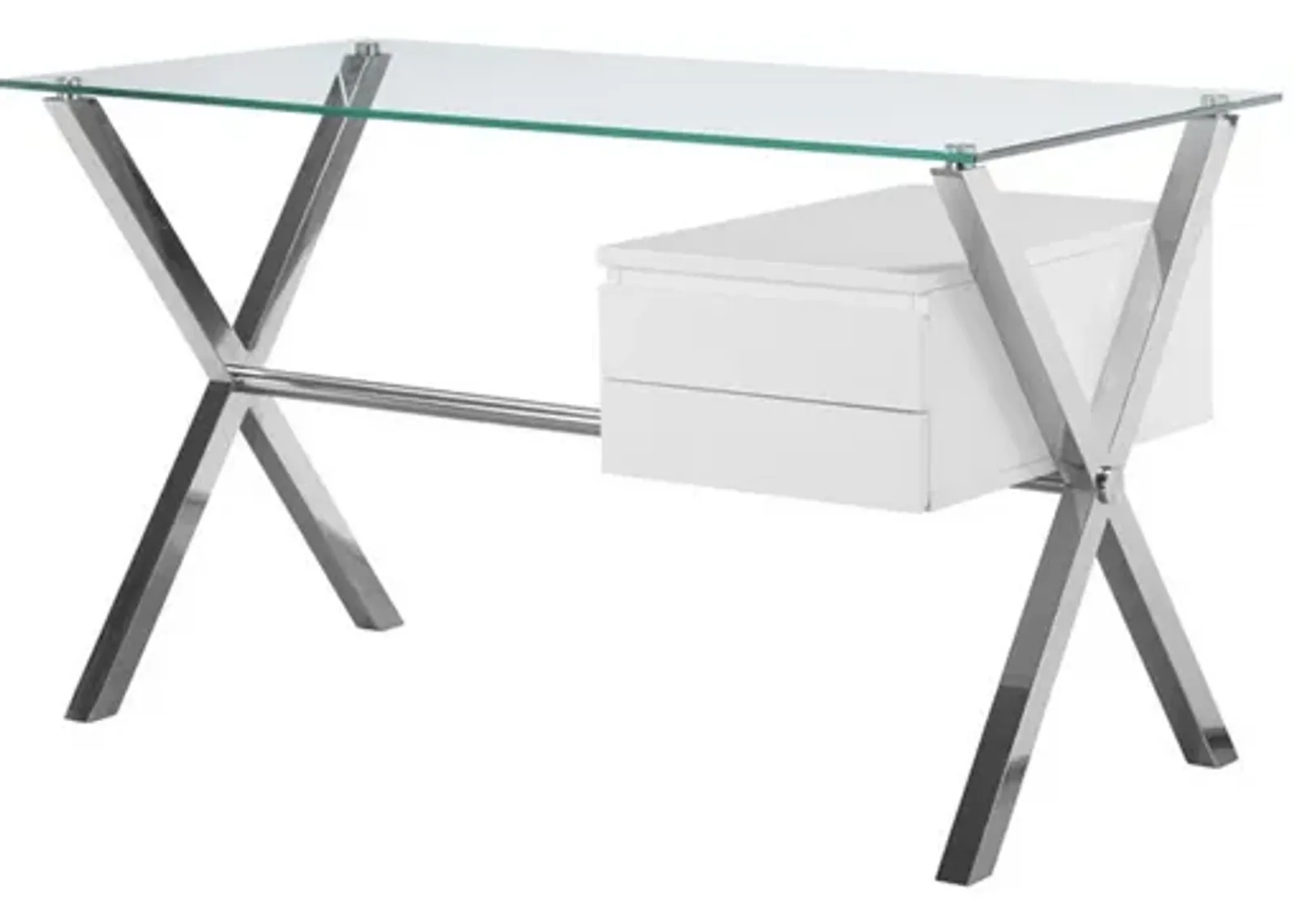 Tia 51 Inch Small Office Desk, Glass Tempered Top, 2 Drawers, White Finish - Benzara