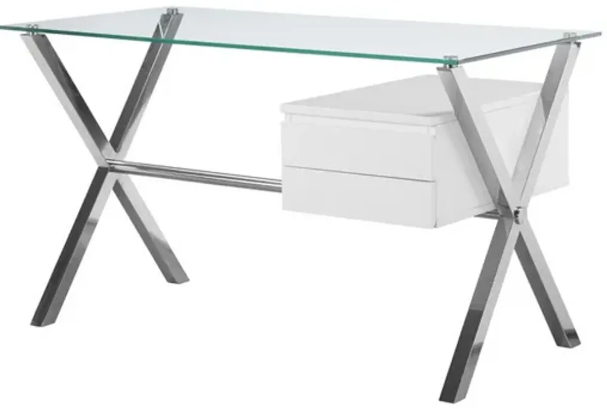 Tia 51 Inch Small Office Desk, Glass Tempered Top, 2 Drawers, White Finish - Benzara