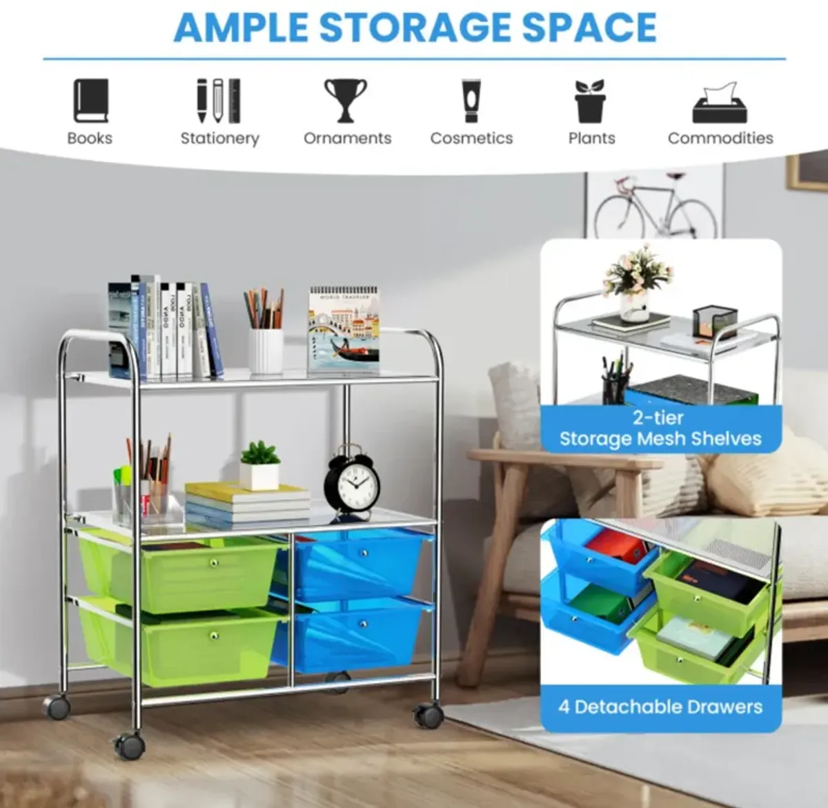 Hivvago 4 Drawers Shelves Rolling Storage Cart Rack