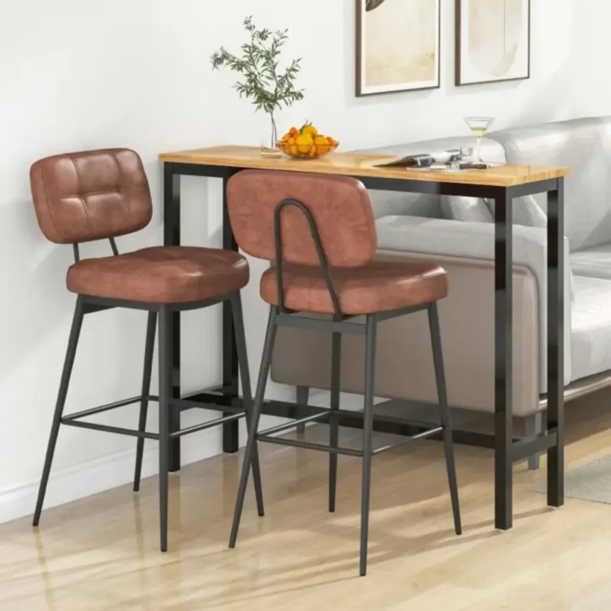 Hivvago Set of 2 Bar Stools with Padded Seat and Footrest for Kitchen Island-Brown and Black