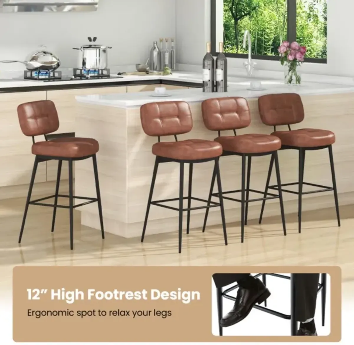 Hivvago Set of 2 Bar Stools with Padded Seat and Footrest for Kitchen Island-Brown and Black