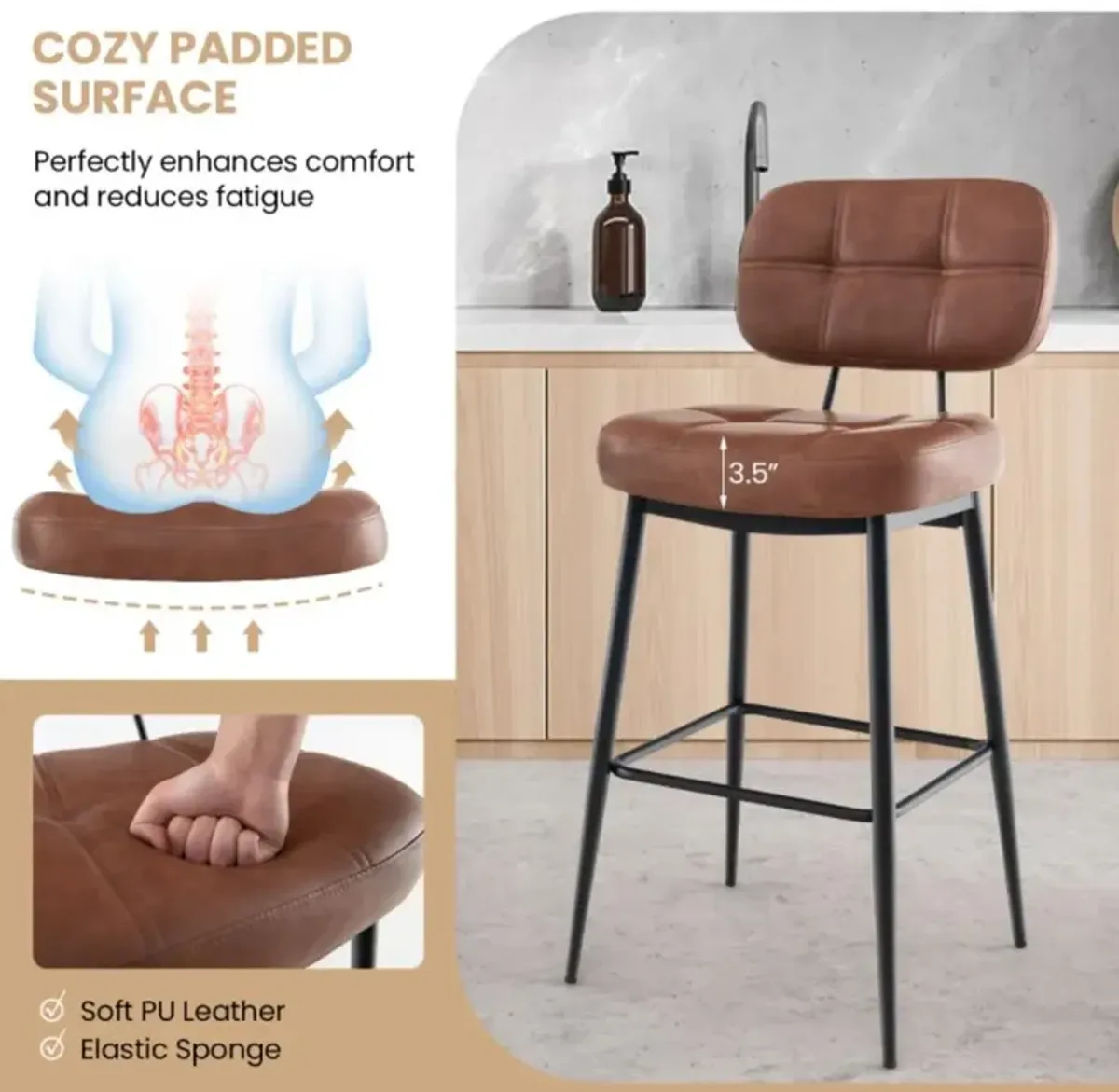 Hivvago Set of 2 Bar Stools with Padded Seat and Footrest for Kitchen Island-Brown and Black