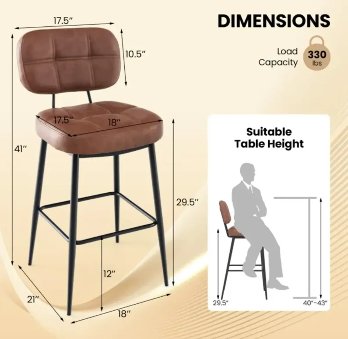 Hivvago Set of 2 Bar Stools with Padded Seat and Footrest for Kitchen Island-Brown and Black