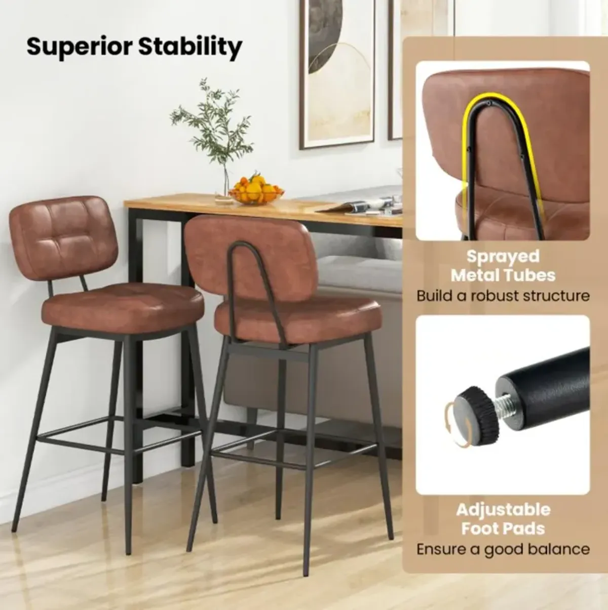 Hivvago Set of 2 Bar Stools with Padded Seat and Footrest for Kitchen Island-Brown and Black