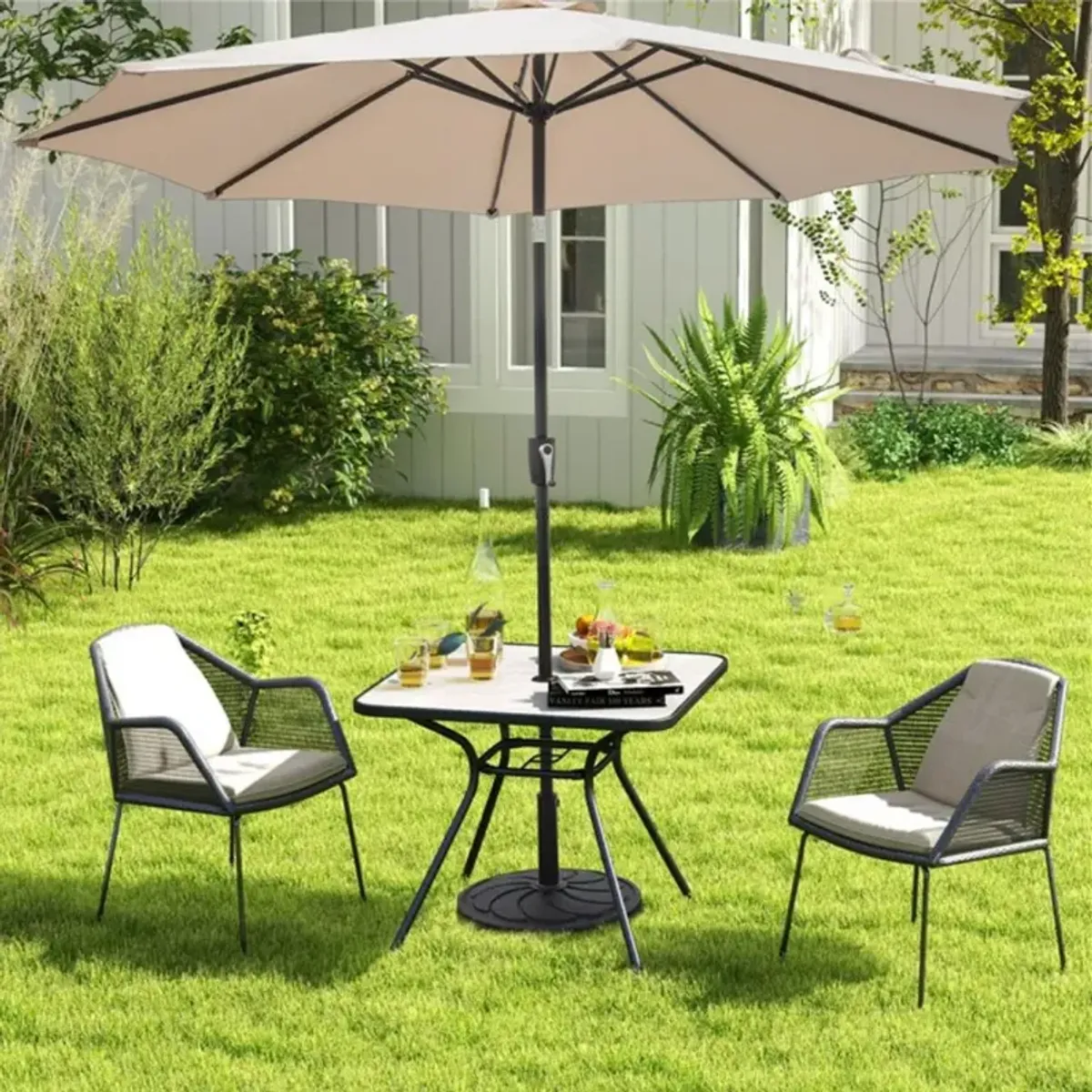 32" x 32" Heavy-Duty Outdoor Dining Table with Umbrella Hole for 4 Persons-Grey