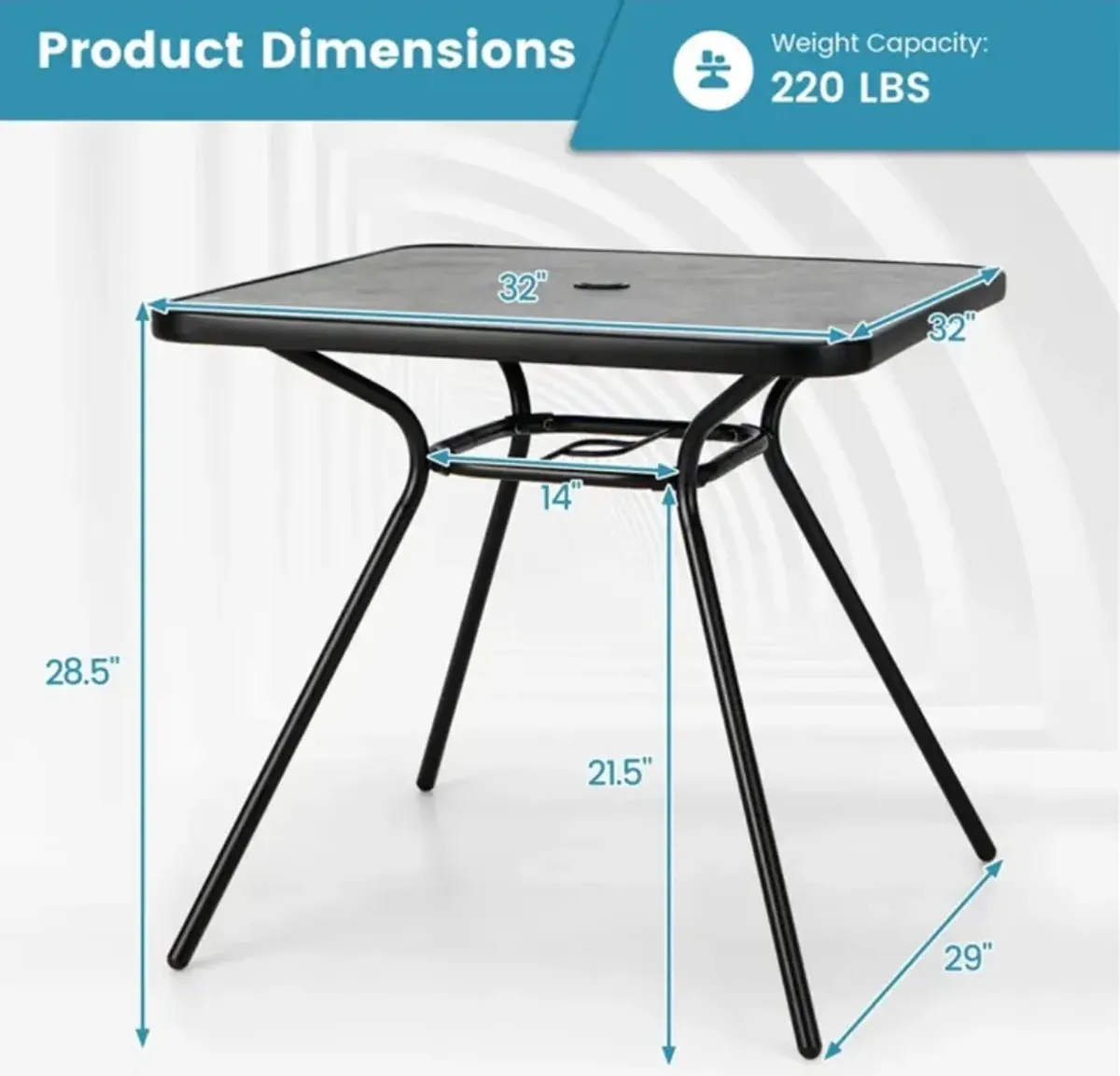 32" x 32" Heavy-Duty Outdoor Dining Table with Umbrella Hole for 4 Persons-Grey