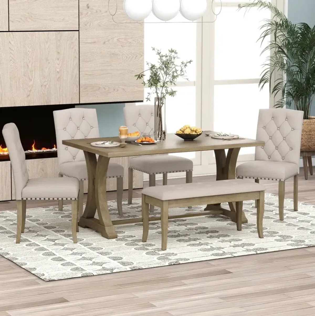 6-Piece Farmhouse Dining Table Set, Rectangular Trestle Table And 4 Upholstered Chairs & Bench