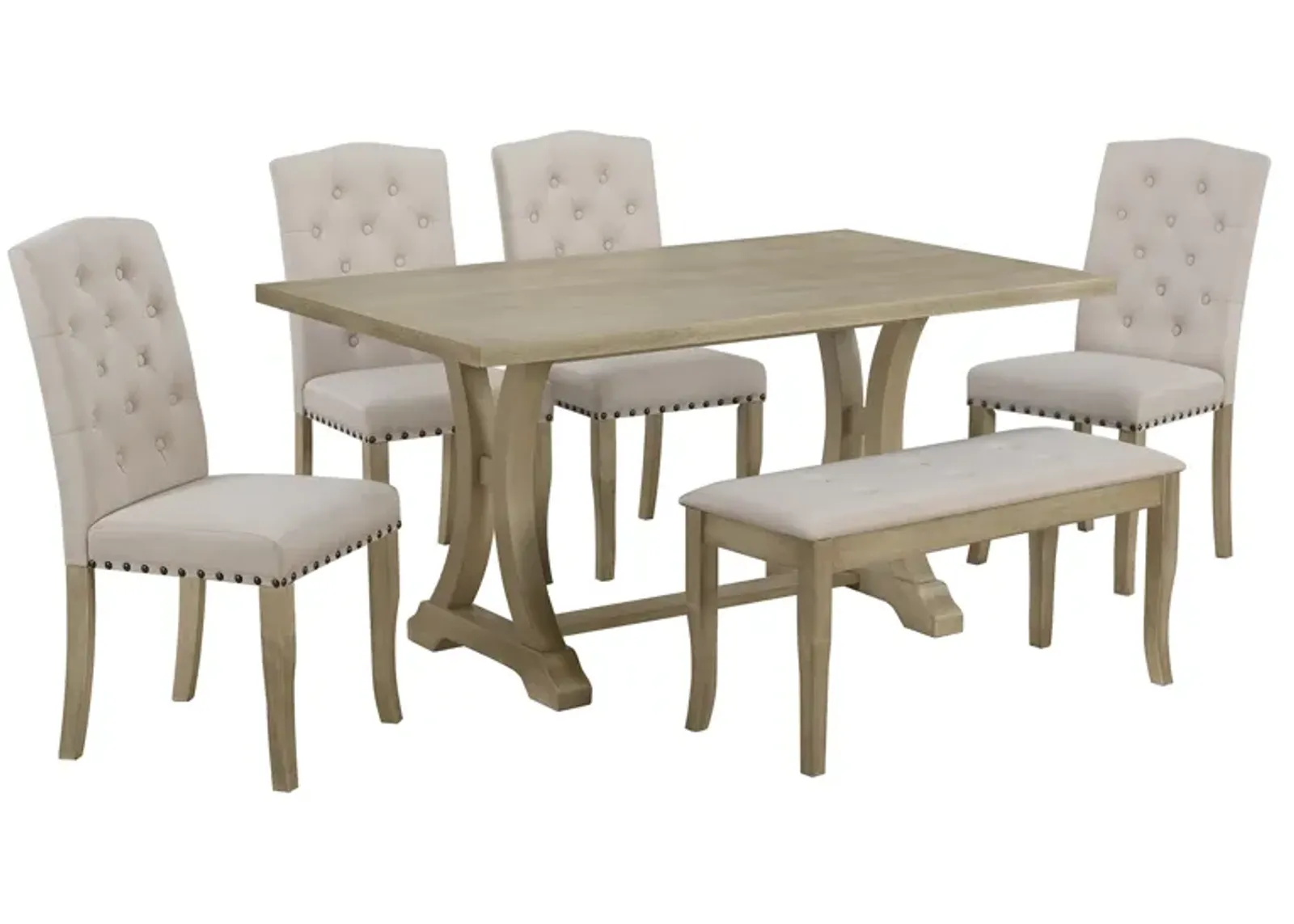 6-Piece Farmhouse Dining Table Set, Rectangular Trestle Table And 4 Upholstered Chairs & Bench