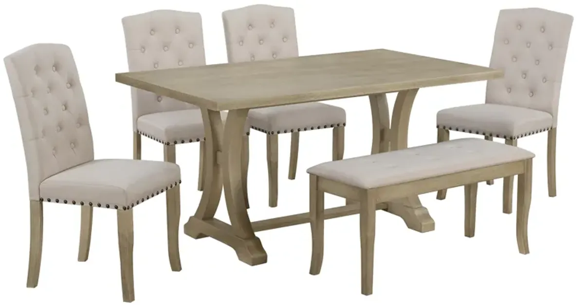 6-Piece Farmhouse Dining Table Set, Rectangular Trestle Table And 4 Upholstered Chairs & Bench