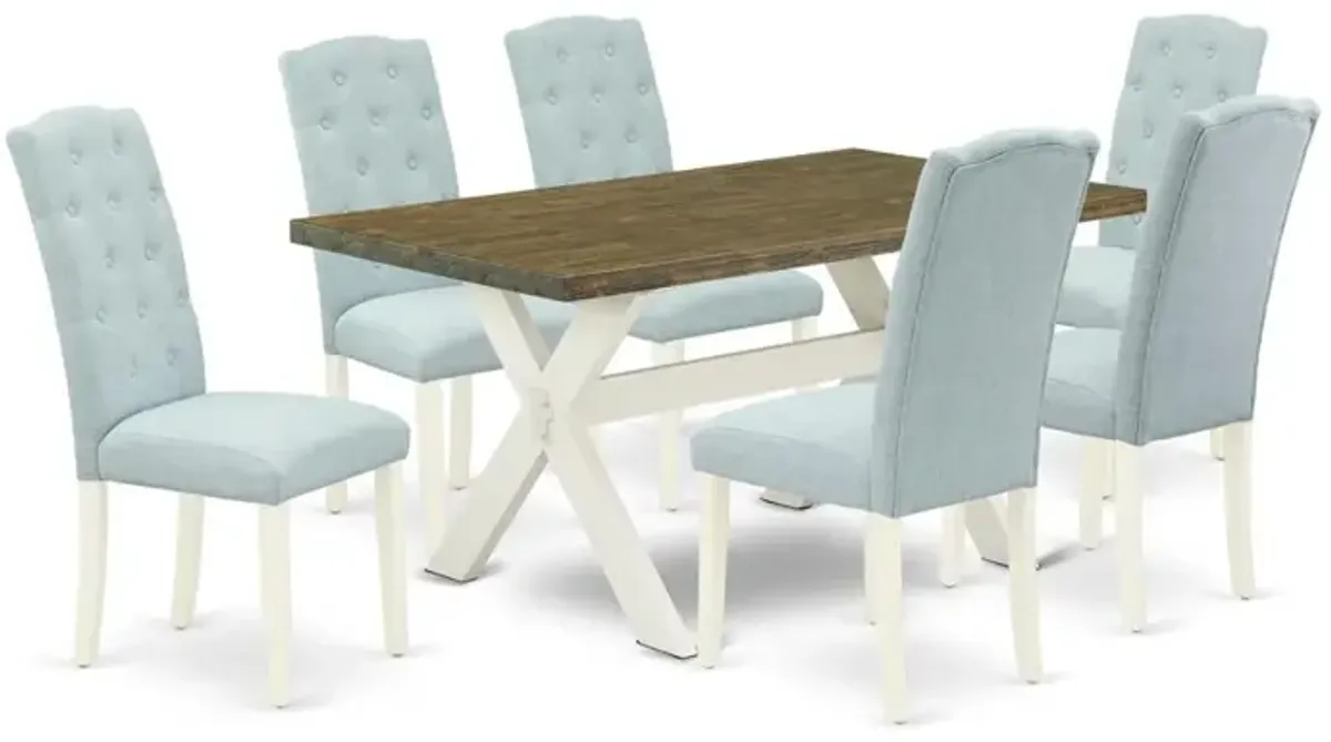 East West Furniture X076CE215-7 7-Pc Modern Dining Set- 6 Parson Chairs with Baby Blue Linen Fabric Seat and Button Tufted Chair Back - Rectangular Table Top & Wooden Cross Legs - Distressed Jacobean