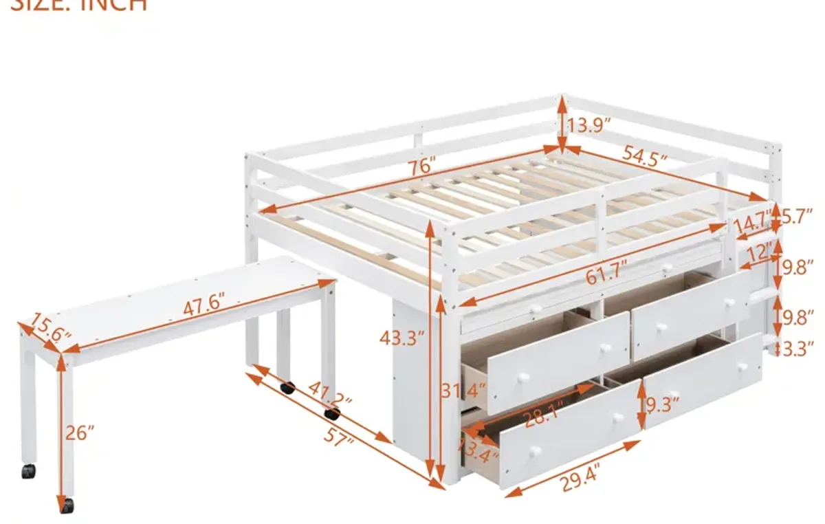 Wooden Loft Bed with Desk and Shelves