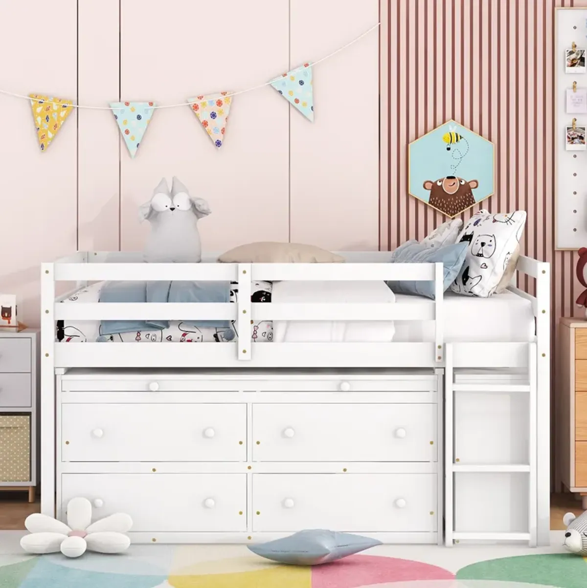 Wooden Loft Bed with Desk and Shelves