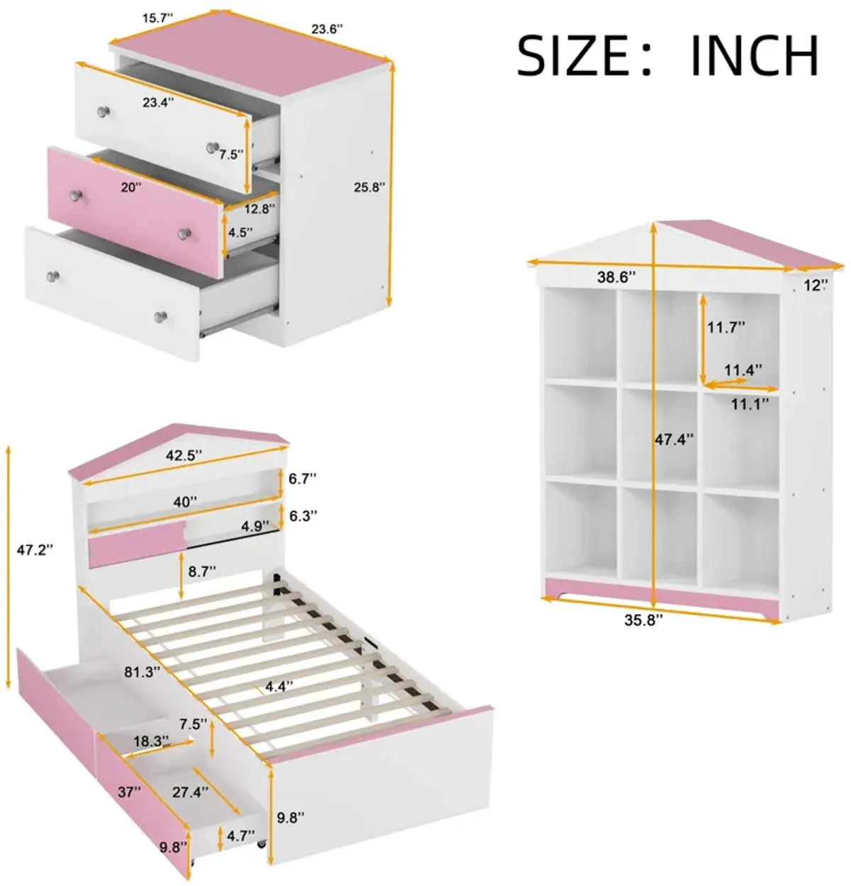 Merax 3-Pieces Bedroom Bed Nightstand and Stroage Rack Sets